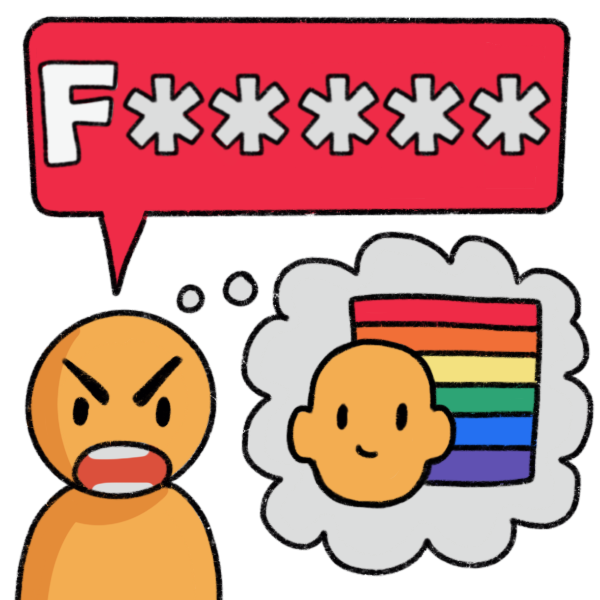 An angry person thinking of a gay person and saying a f followed by five asterisks in a red speech bubble. 